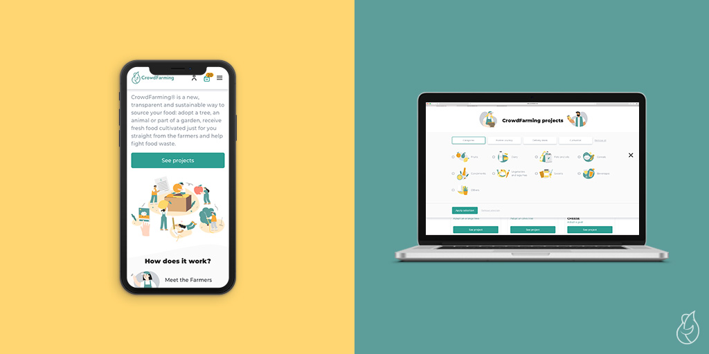 The interface of the CrowdFarming platform, in mobile and desktop versions.