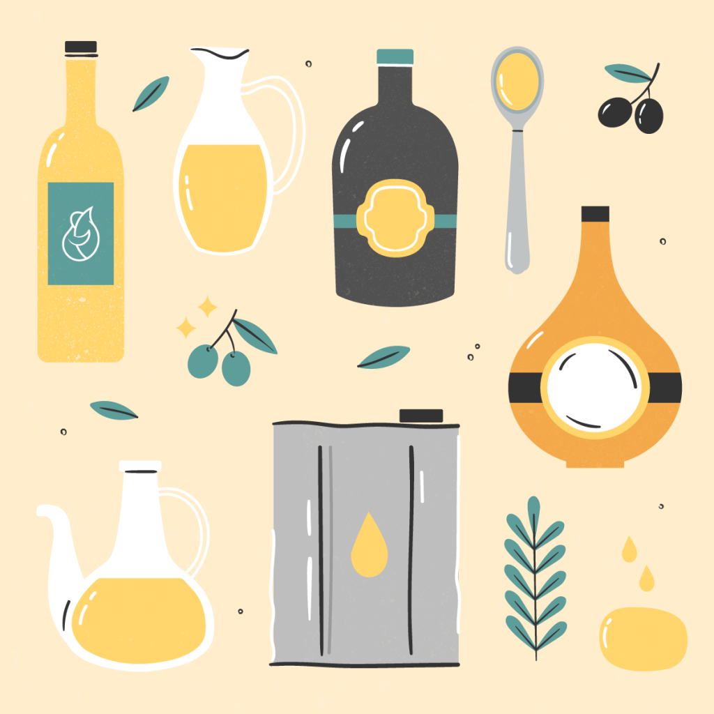 Illustration of bottles and cans of extra virgin olive oil