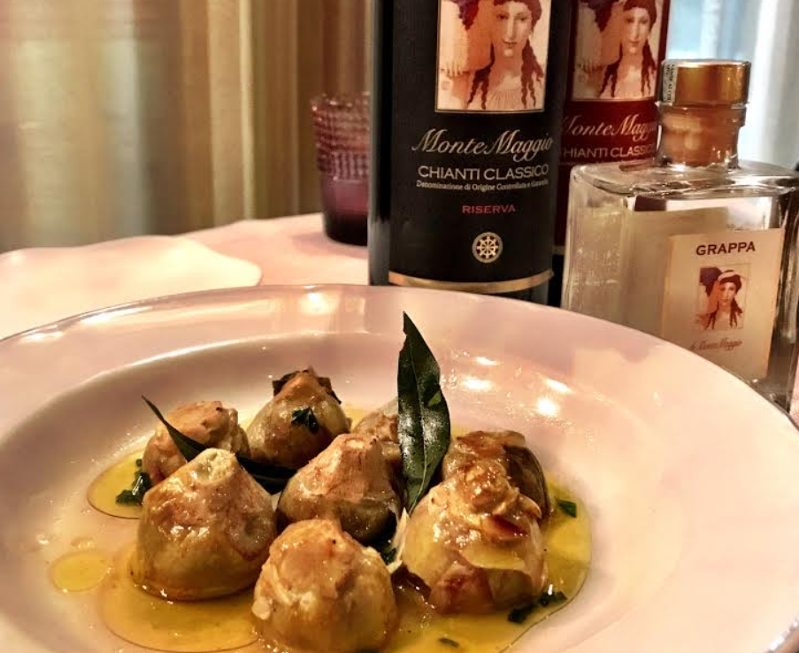 Roman-style artichokes with a bottle of Montemaggio red wine