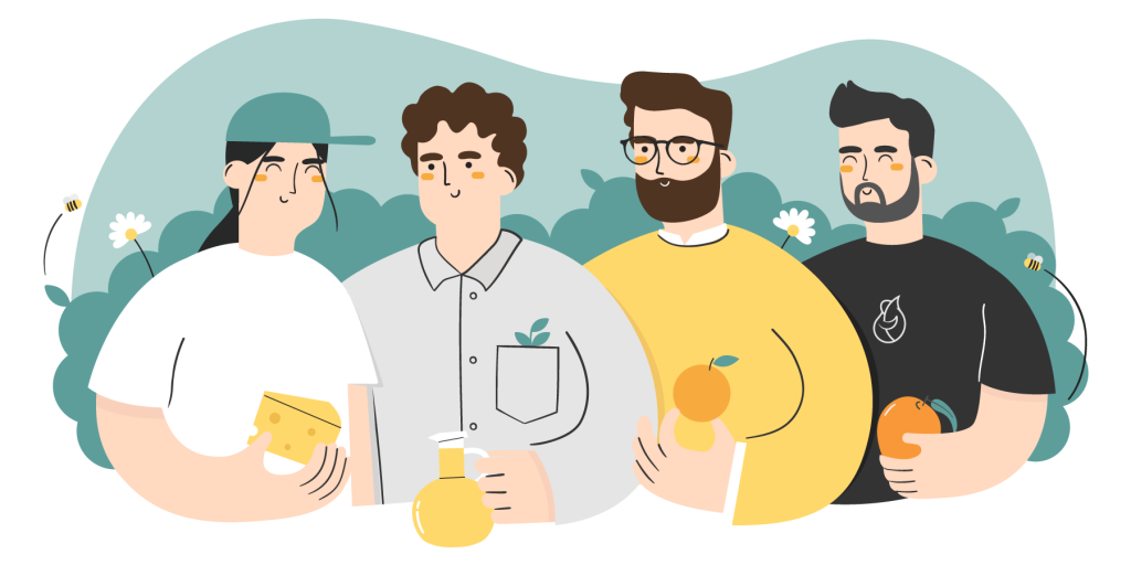The illustration of the founders of CrowdFarming: Juliette Simonin, Gonzalo Úrculo, Gabriel Úrculo and Moises Calviño, each holding a food.