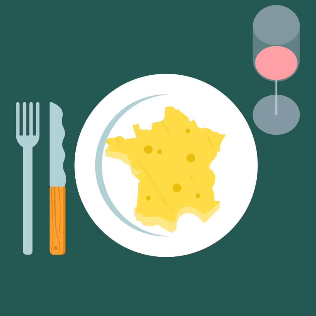 Illustration of France in the shape of cheese on a plate with cutlery and a glass of red wine